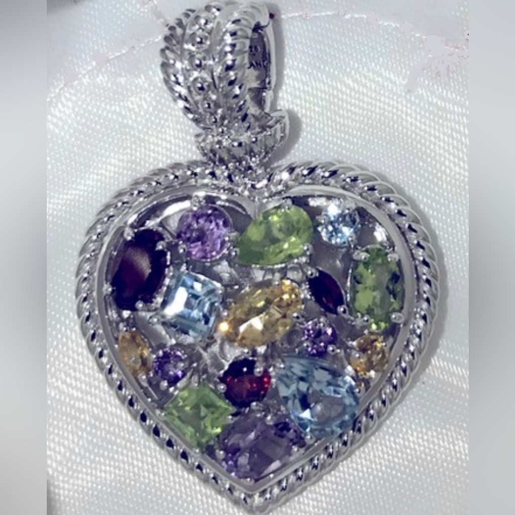 Genuine Mixed Stone Sterling Silver Heart Charm-